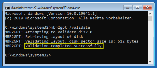  Ergebnis von mbr2gpt /validate